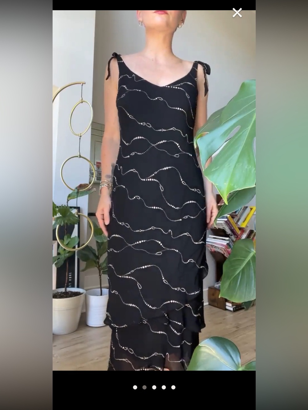 Evan Picone Black Midi Slip Dress with White Abstract Bead Wave Print